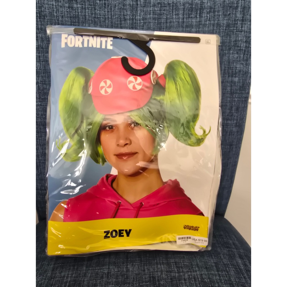 Fortnite Spirit Halloween Zoey Wig Green Pigtails Pink Hat Cosplay Accessory NEW